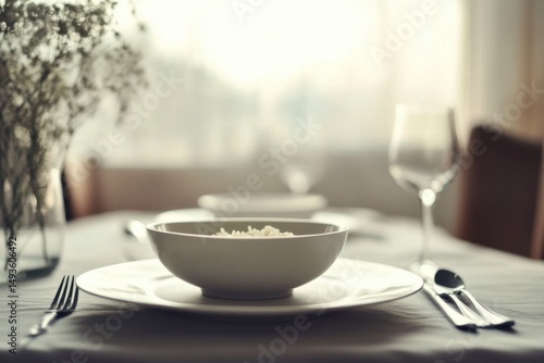Elegant dining experience bowl of rice on table cozy home setting food photography minimalist decor