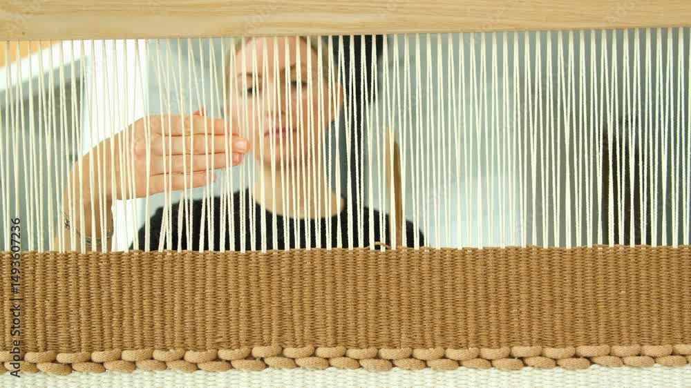 Mid age woman making traditional hand weaving tapestry on wooden weaving loom. Woman working on weaving loom using craft weaving technique