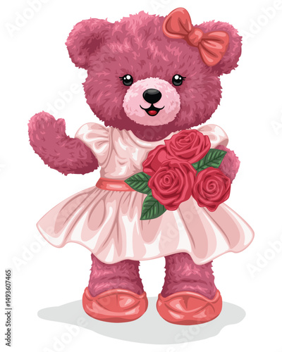 Pink teddy bear in dress holding red roses