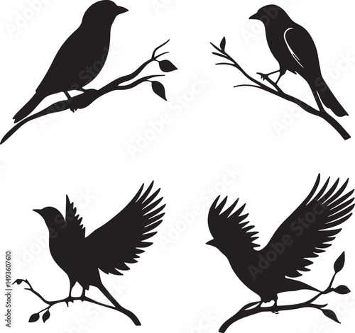 This artwork is digitally enhanced using AI and manually edited for quality. A set of four bird silhouettes perched on tree branches.