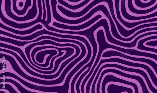 Abstract vector pattern with wavy, organic contour lines in purple shades, inspired by topographic maps. This bold psychedelic style is popular in modern backgrounds and trendy digital art.
