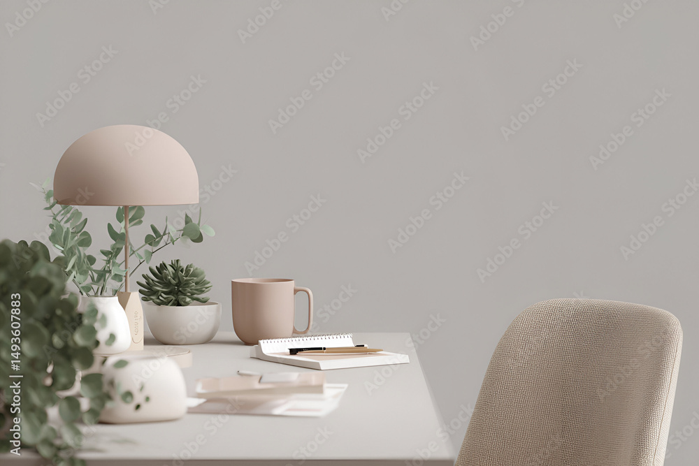 A Serene Workspace with Lamp, Succulents, and Muted Colors Inspiring Creativity and Focus A Serene Workspace with Lamp, Succulents, and Muted Colors Inspiring Creativity and Focus