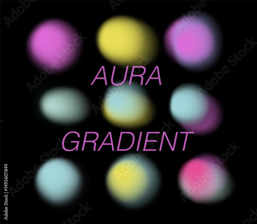 Vector illustration features colorful aura gradient blobs with soft neon glow, on a black background. Trendy holographic gradient style is widely popular for modern 2025 designs.