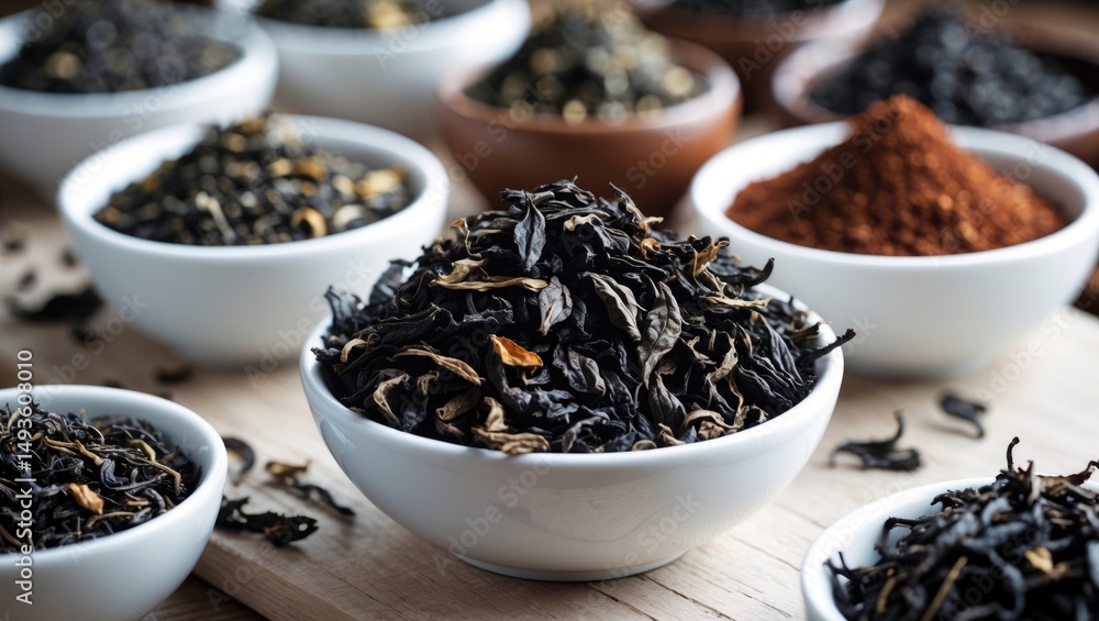 White bowl containing dried black tea leaves
