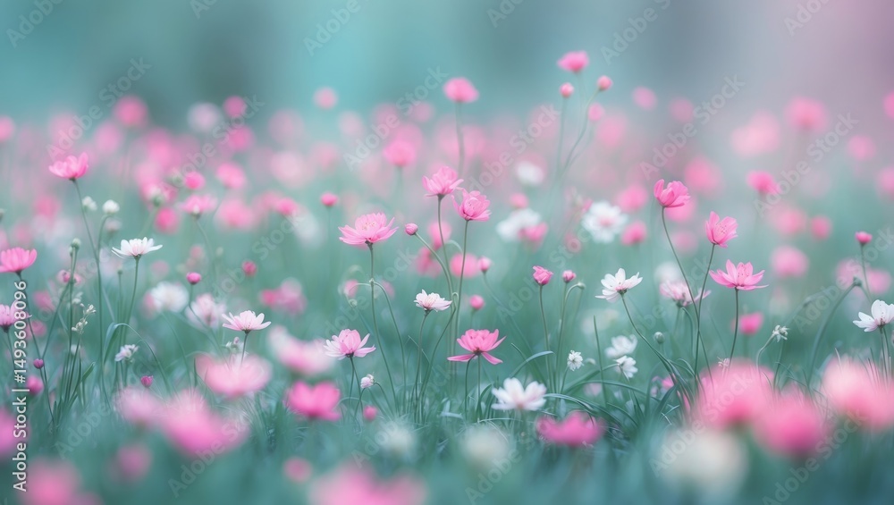 Fototapeta premium Tiny pink grass meadow filled with blossoms, Abstract nature background of spring