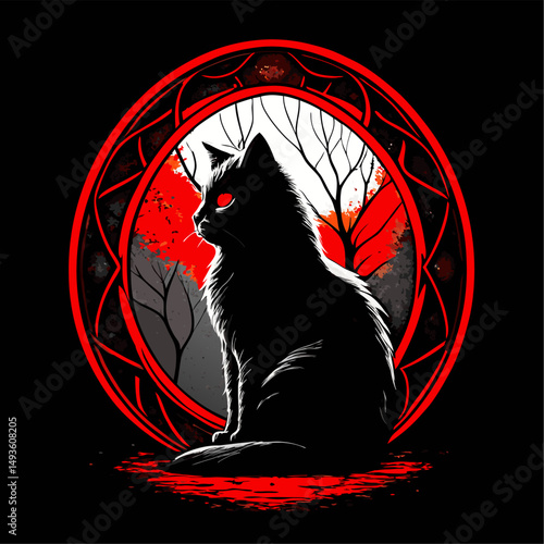 Gothic black cat in red ornate frame autumnal setting