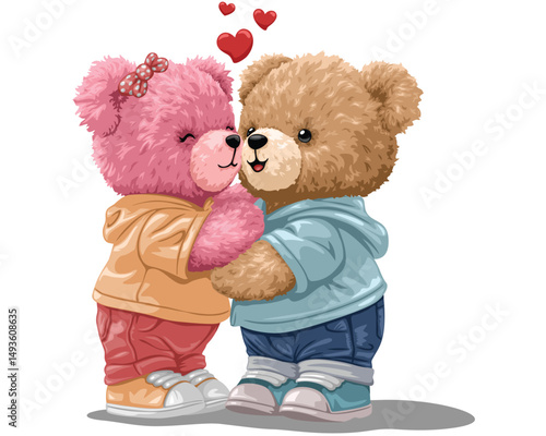 Two teddy bears hugging with floating red hearts