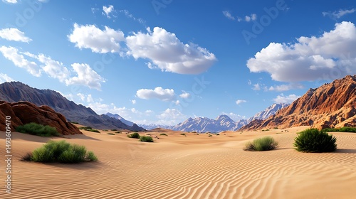 Fototapeta Naklejka Na Ścianę i Meble -  mountains in the distance with sand dunes and bushes in the foreground