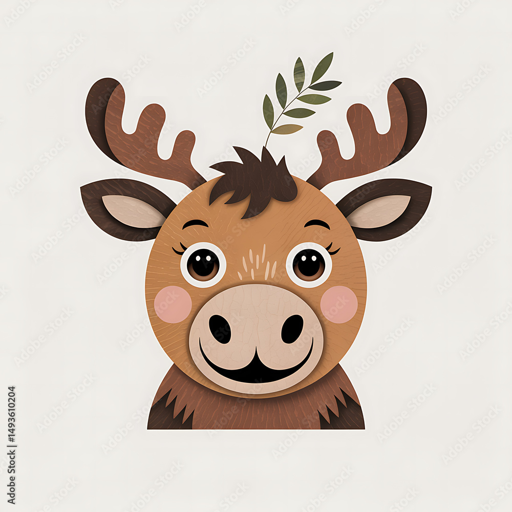 Fototapeta premium Chubby baby moose face in brown paper collage