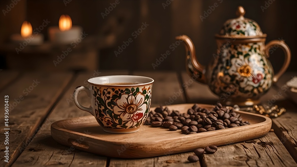 Fototapeta premium Warm Cup of Coffee on a Wooden Tray, Surrounded by Roasted Beans and a Floral Teapot