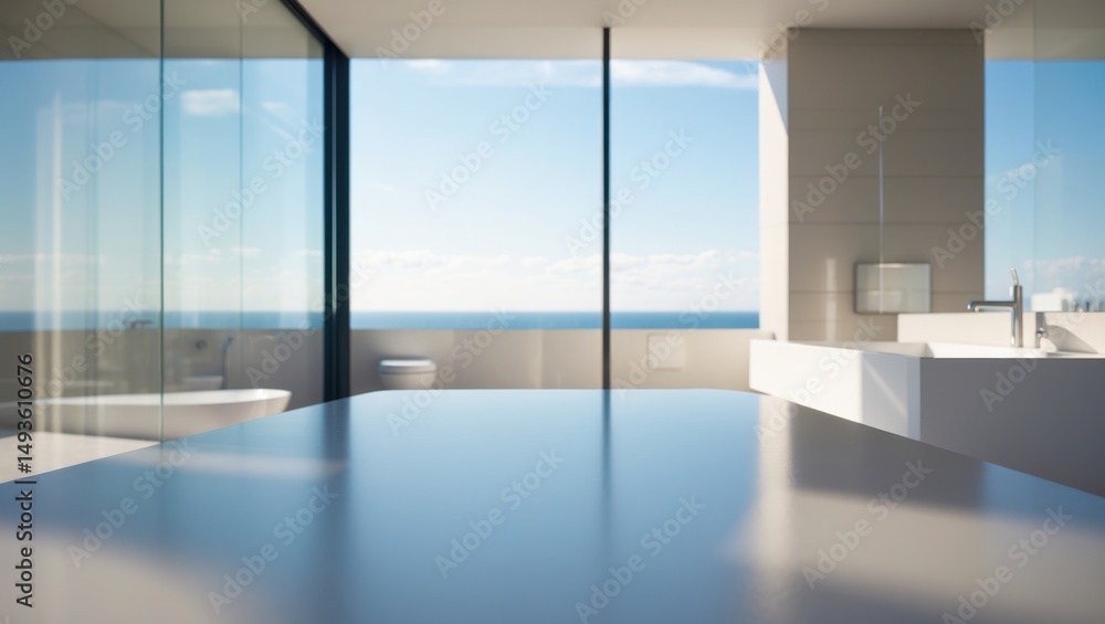 Fototapeta premium The backdrop of the table top and bathroom illumination is concealed, showcasing large windows.
