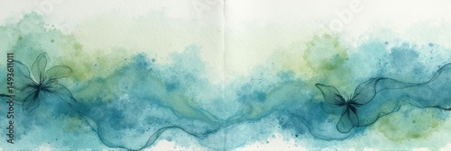 Abstract watercolor flowers in blue and green with delicate line art