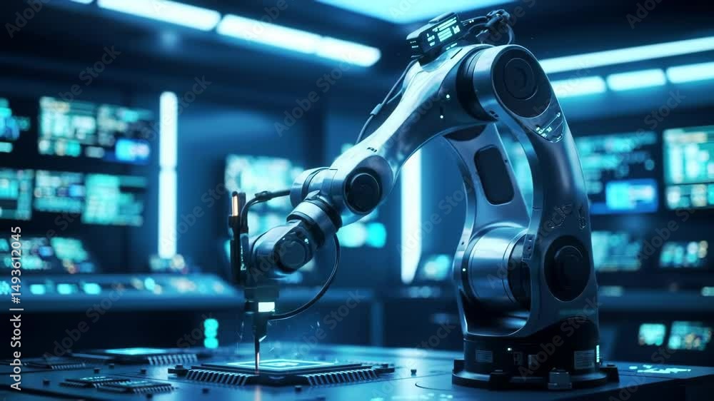 Robotic Arm in Futuristic Laboratory Microchip Assembly with Advanced Technology, Automation, and Precision Engineering Robotic Arm in Futuristic Laboratory Microchip Assembly with Advanced Technology, Automation, and Precision Engineering