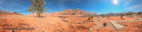 Panoramic view of a dry, sunlit mountain valley in California, featuring golden-red grass, winding paved paths, and scattered trees under a clear blue sky.