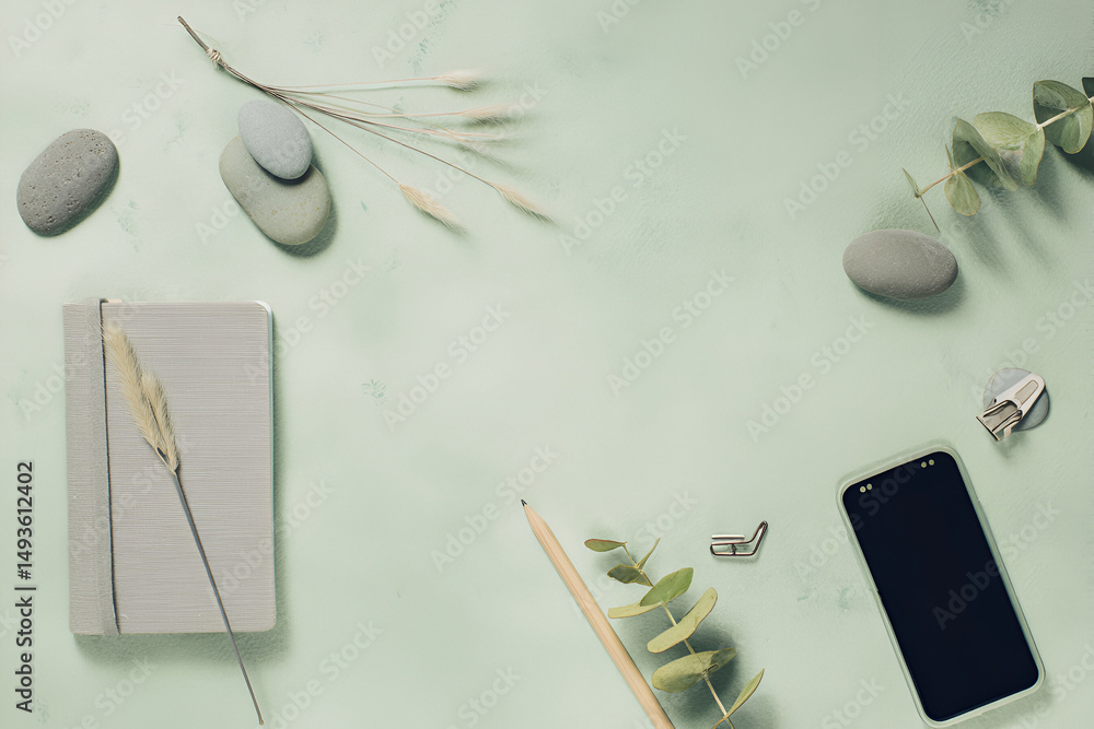 Naklejka premium Serene Workspace with Natural Elements and Minimalist Design for Creative Inspiration