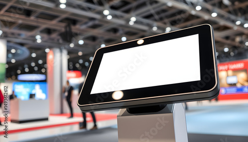 Electronic multimedia tablet kiosk with blank white display at exhibition, trade show, conference - close up view. Mock up, futuristic, corporate, copyspace, template, white screen, technology conce