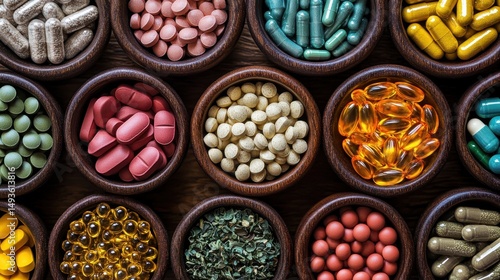 Variety of pills and capsules in wooden bowls. Dietary supplements.