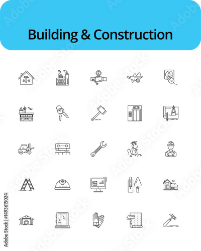 Construction and tools line editable icon set. Build, house repair tools, engineering, builder icon.