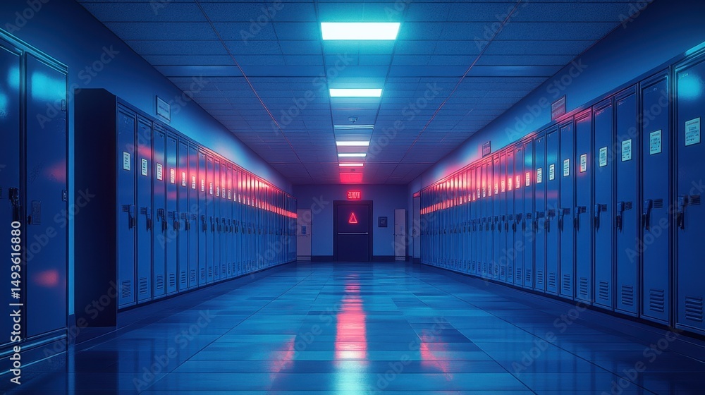Fototapeta premium Empty school hallway at night, bathed in neon blue and red light. Rows of lockers line the walls.