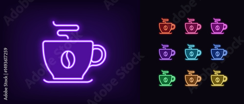 Outline neon coffee mug icon. Glowing neon coffee cup with grain icon and aroma, good morning. Natural grain coffee, espresso cup, americano mug, organic product, hot drink. Vector icon set