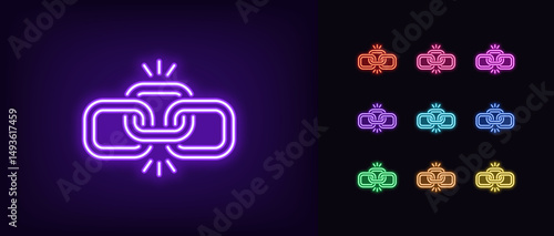 Outline neon chain icon. Glowing neon durable chain icon, digital link. Reliable connection, data share by link, hyperlink, network security, secure connection technology, attach data. Vector icon set