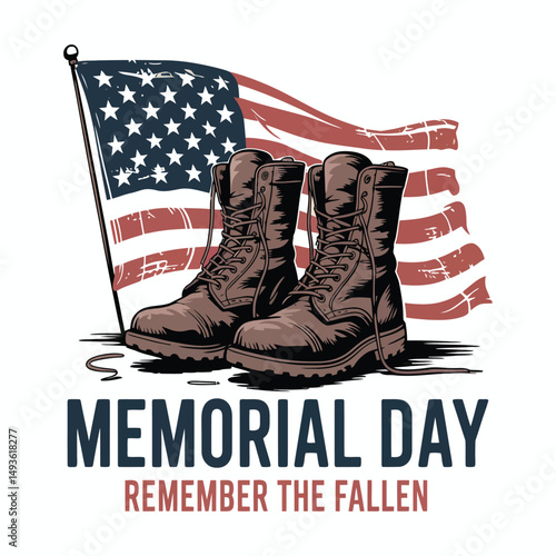 Memorial Day - Brown Combat Boots and Flag on Pole - Remember The Fallen