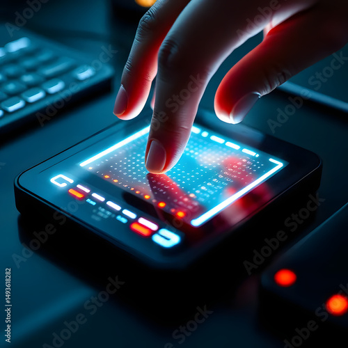 Close-up of multitouch biometric scanner with vivid lighting used for crypto access and identity recognition in a futuristic finance setting with illuminated biometric interfaces and hi
