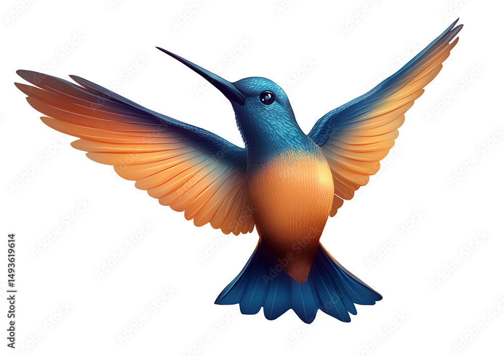 Obraz premium Beautiful hummingbird, a flying bird with blue and orange wings, isolated on a transparent background. Cutout PNG file.
