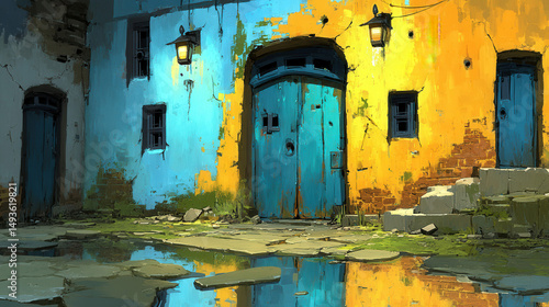 Neon-lit rainy alleyway, cy...