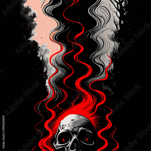 Ethereal skull emerging from stylized flames and smoke in a dark forest