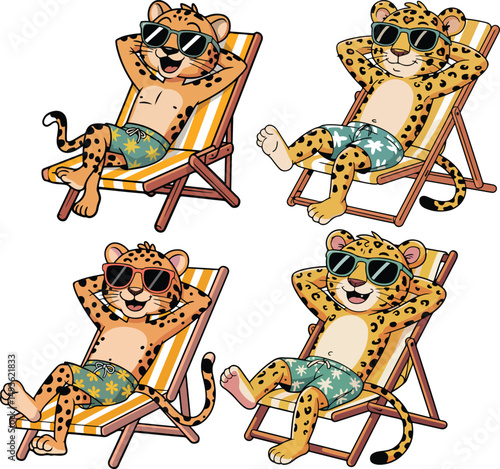Cartoon Leopard Lounging on Beach Chair with Sunglasses vector illustration