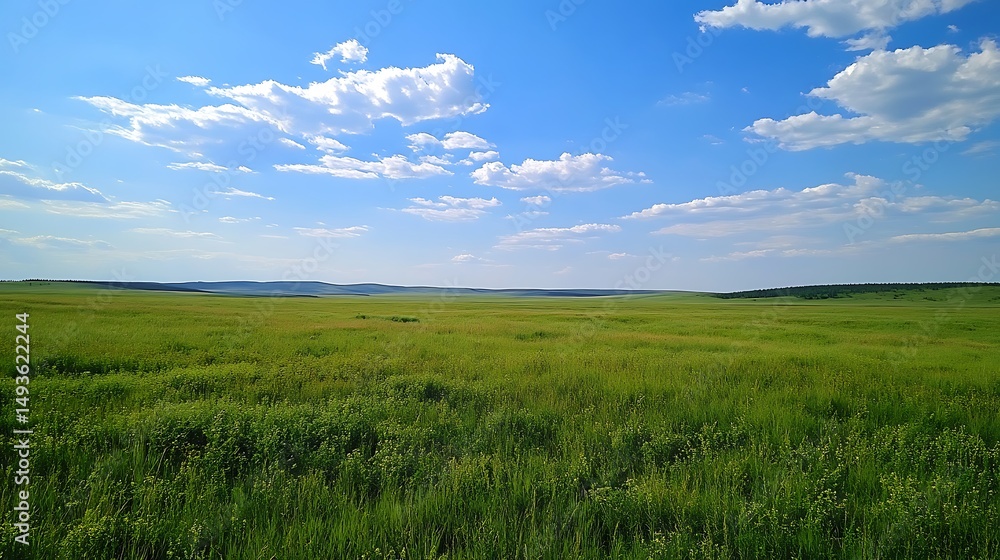 Obraz premium Expansive field of vibrant green grass under a vast blue sky.