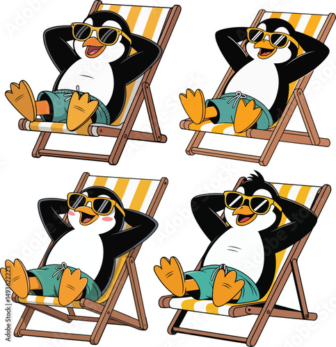 Cartoon Penguin Lounging on Beach Chair with Sunglasses vector illustration