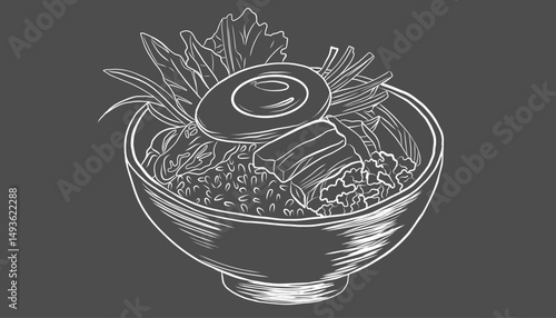 Korean Bibimbap: Rice topped with mixed-colored vegetables, meat, egg and hot gochujang paste. Hand-drawn ink sketch style vector illustration of Vietnamese food. Vector EPS10
