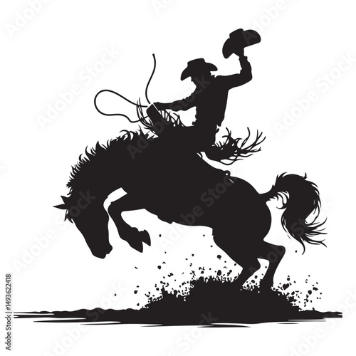 Action Silhouette Cowboy Riding Bucking Bronco Raising Hat Vector Image