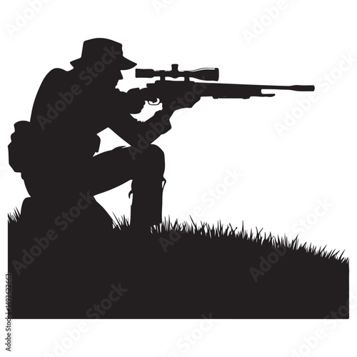 Sniper Silhouette Illustration Skilled Marksman with Rifle in Position