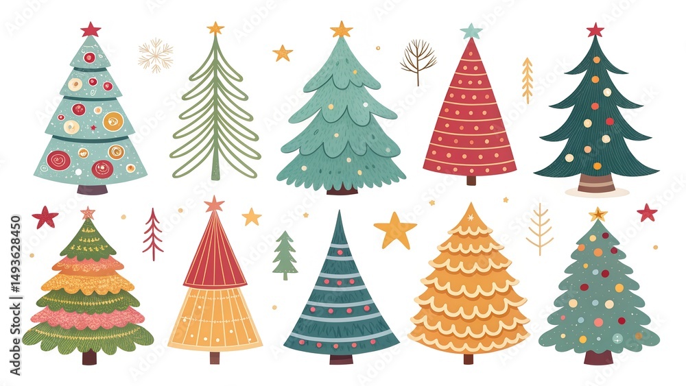 Obraz premium collection of Christmas trees in different colors on a white background. New Year's card. New Year's pattern of Christmas trees. New Year's tree icons.