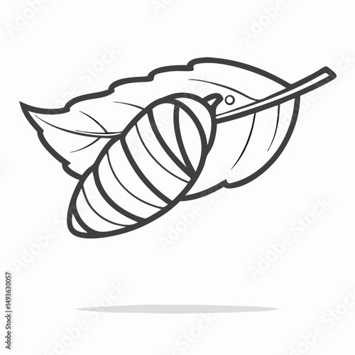 Silkworm Cocoon on Leaf: Line Art Illustration