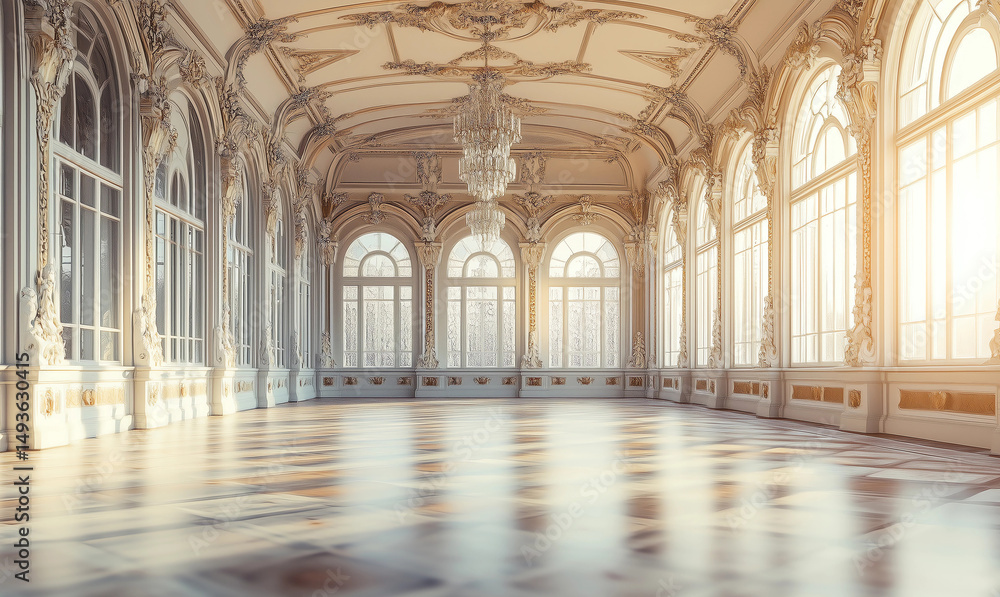 Obraz premium Highly realistic extreme long shot of an empty Art Nouveau ballroom interior. The ornate hall features flowing architectural lines, tall windows, and decorative details typical of the Art Nouveau era.