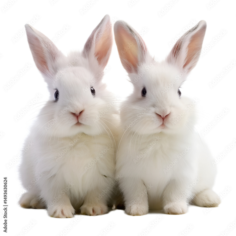 Fototapeta premium Two fluffy white rabbits sit side-by-side 