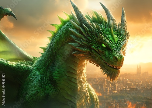 Majestic green dragon overlooking city