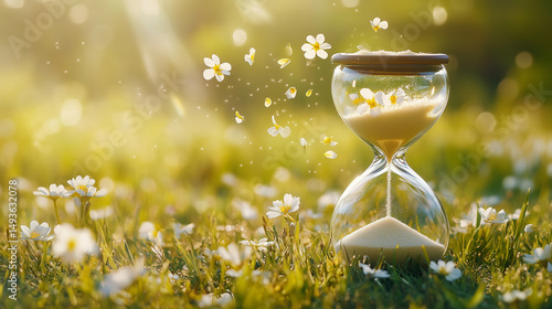 Glass hourglass in grassy meadow surrounded by daisies and drifting white petals in sunlight