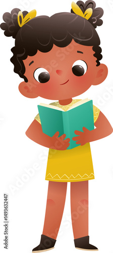 Cute Black elementary or middle school African American Schoolgirl Reading Book. Black girl character studying a book. Kids learning and studying. Children back to school vector illustration clip art
