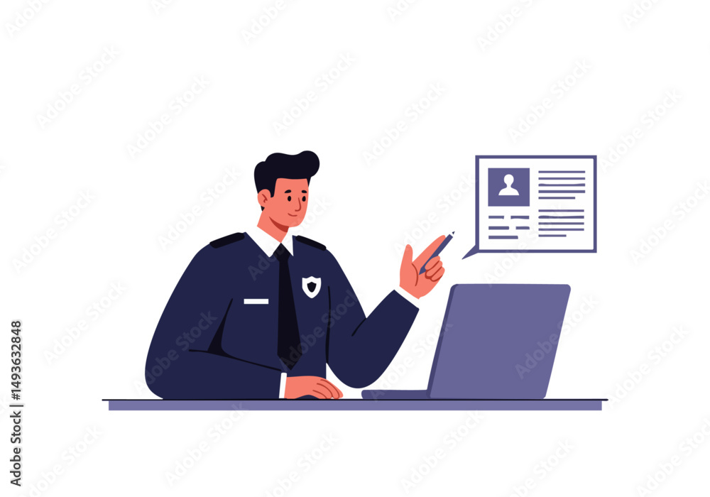 A security guard reviews a document on a laptop, focused and professional. Modern illustration style, soft colors, and a clean design. A security guard reviews a document on a laptop, focused and professional. Modern illustration style, soft colors, and a clean design.