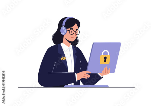 A professional woman intently investigates data on a laptop, utilizing headphones. Secure lock icon signifies digital security. Modern, graphic illustration.