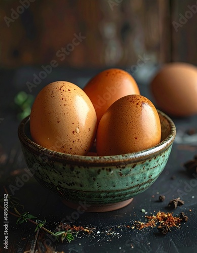 Three brown eggs in a small green ceramic bowl on a dark wooden surface. The bowl is placed in the center of the image, with the eggs on the left side and the other on the right. The eggs are arranged
