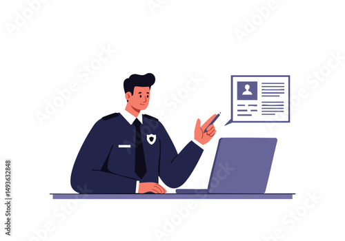A security guard reviews a document on a laptop, focused and professional. Modern illustration style, soft colors, and a clean design.