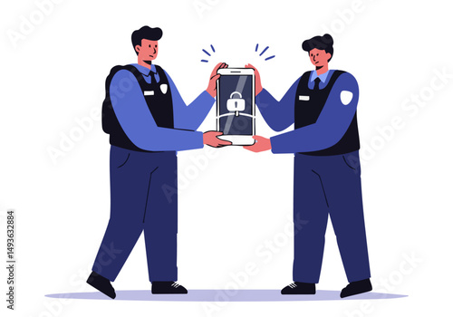 Two police officers examine a smartphone displaying a lock icon, symbolizing threat isolation. A modern, illustrative style highlights security concerns.