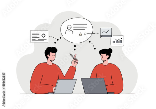 Two professionals brainstorm solutions together using laptops. A dynamic illustration showcasing collaboration and problem-solving. Modern, bright, and engaging.