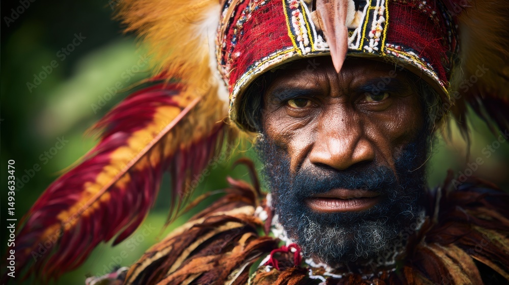 Traditional warrior adorned in vibrant feathers and tribal attire during a cultural festival in Papua New Guinea Traditional warrior adorned in vibrant feathers and tribal attire during a cultural festival in Papua New Guinea